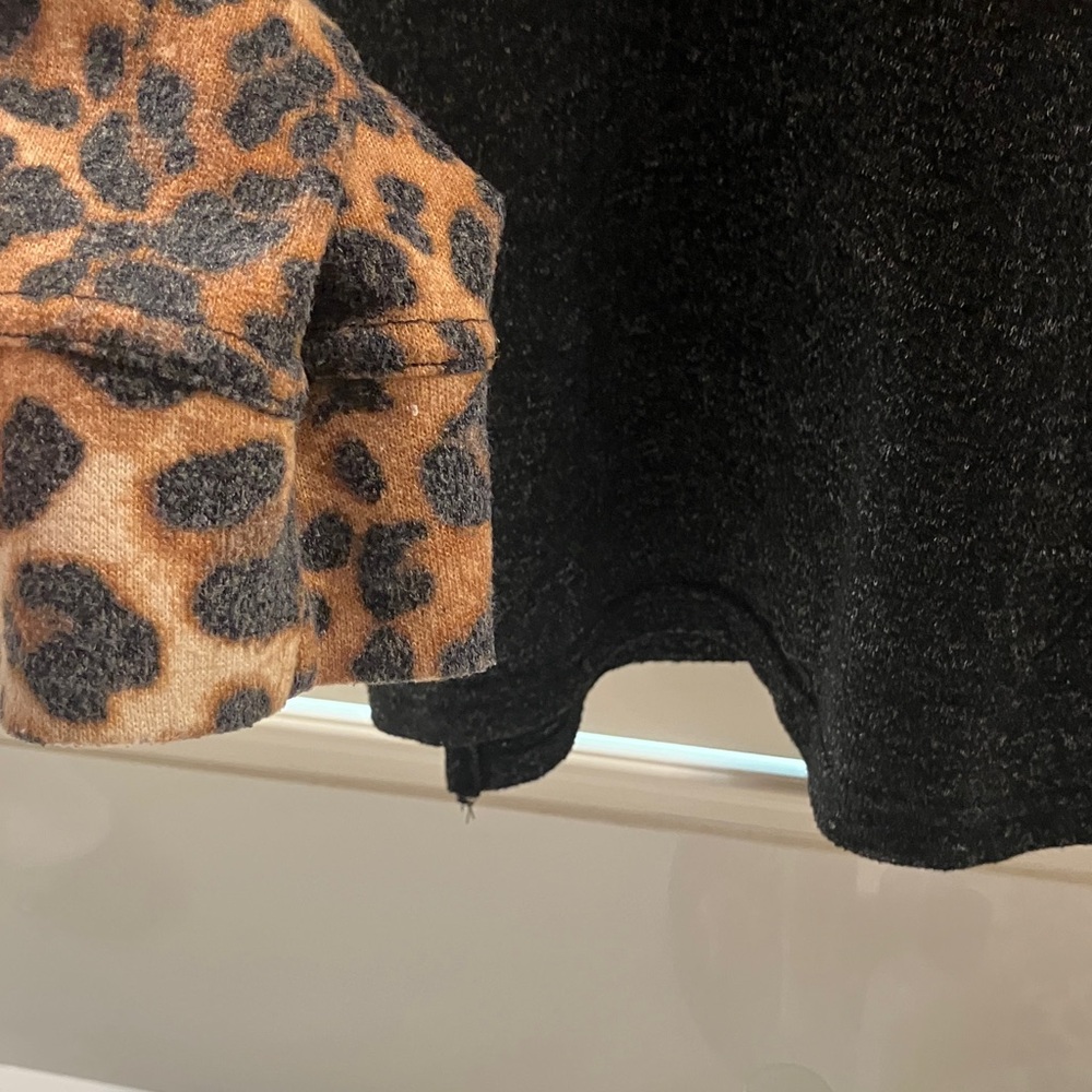 Black Hoodie with Leopard Print Sleeves, Sherpa Hood - Picture 2 of 7